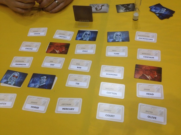 I got to play Codenames with a bunch of awesome game designers in the open hall around midnight. Our team won. It's a clever game design and was a ton of fun.